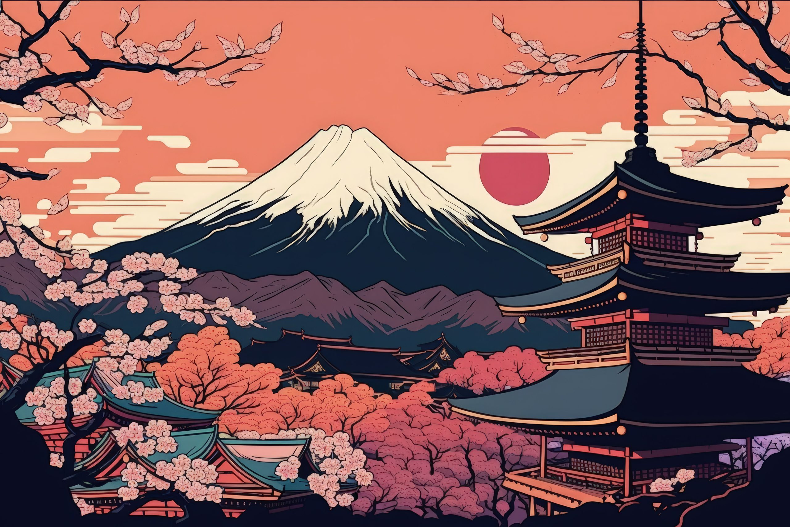 Location Fujiyoshida, Japan View of Mt. Fuji and the Chureito Pagoda at Sunset, Japan, Springtime, Cherry Blossoms. Generative AI